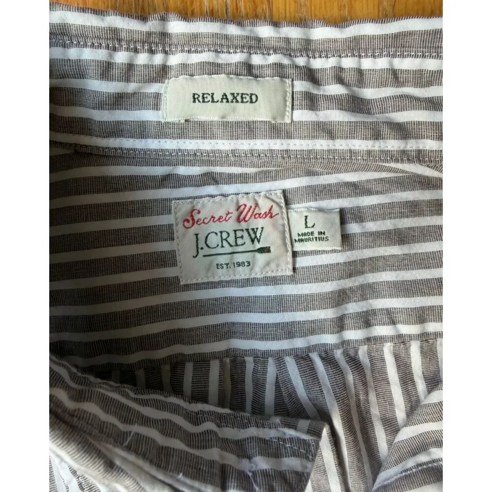 J. Crew White Gray Striped Relaxed Fit Secret Wash Long Sleeve Button Down L